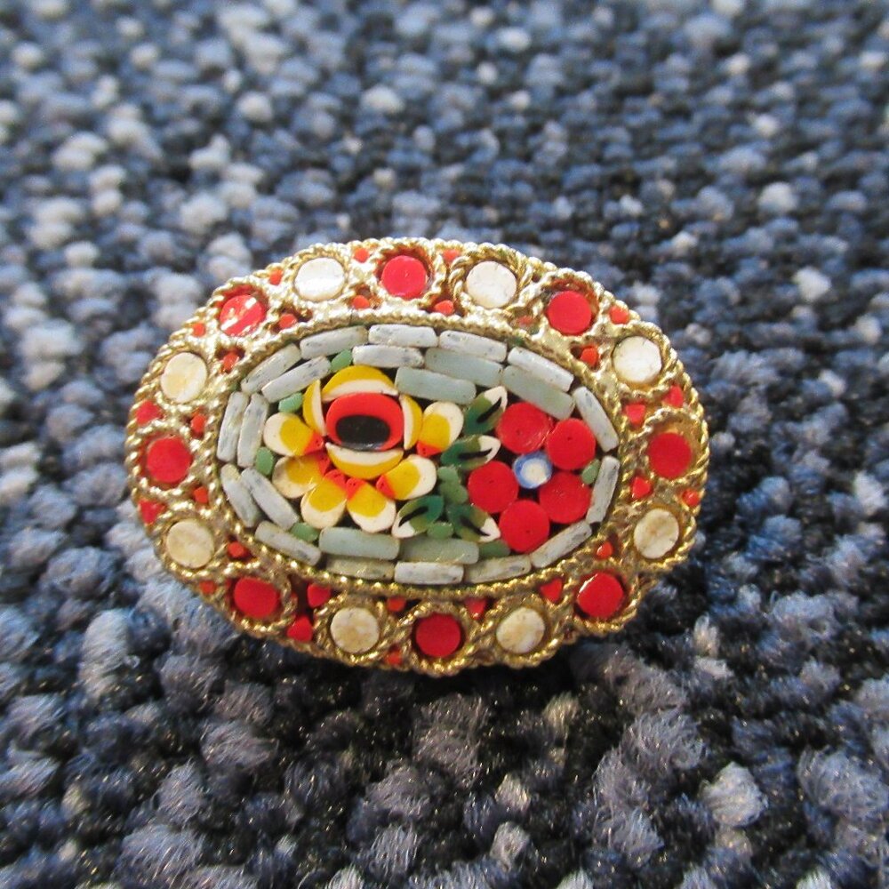 VTG Italian Micro Mosaic Millefiori Floral Brooch Pin Gold plated Metal